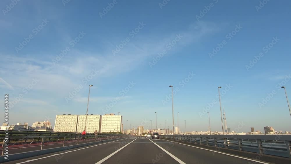 Three-lane road driving video. Tokyo, Komatsugawabashi Three-lane road driving video. Tokyo, Komatsugawabashi