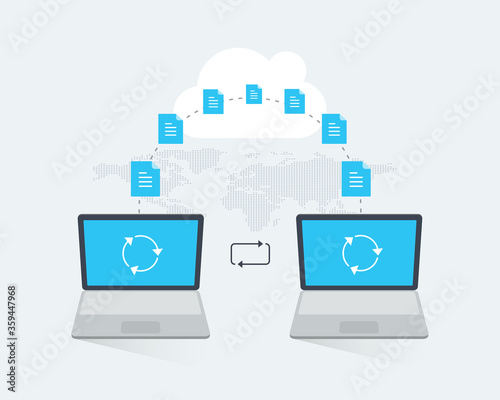 Carta da parati File transfer infographic template with two laptops and transferred documents through the cloud service
