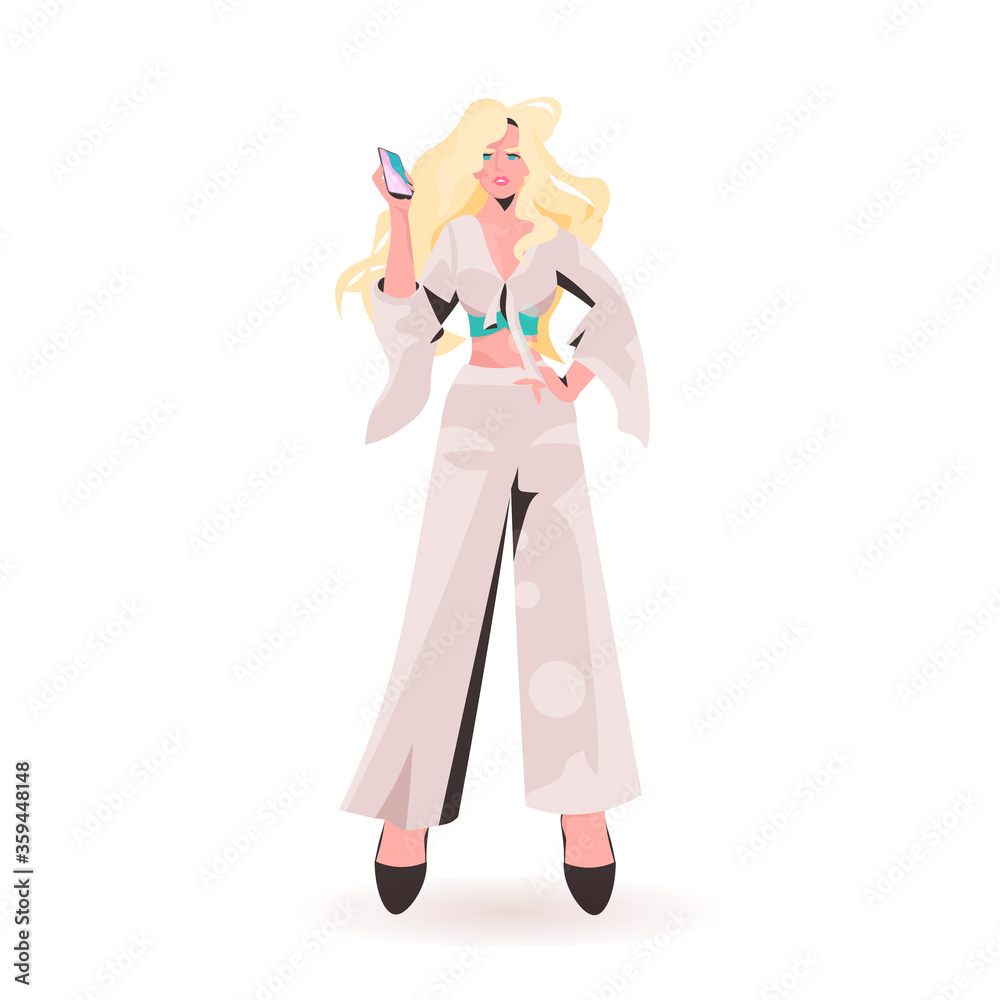 attractive woman using smartphone beautiful girl model in trendy clothes female cartoon character standing pose full length isolated vector illustration attractive woman using smartphone beautiful girl model in trendy clothes female cartoon character standing pose full length isolated vector illustration