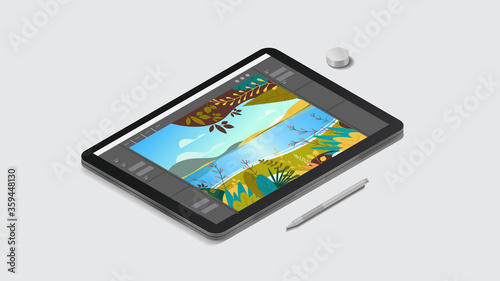 graphic tablet with beautiful landscape wallpaper on screen realistic mockup gadgets and devices concept horizontal vector illustration