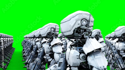 invasion of military robots with gun. marching robots. Green screen 4k footage. photo