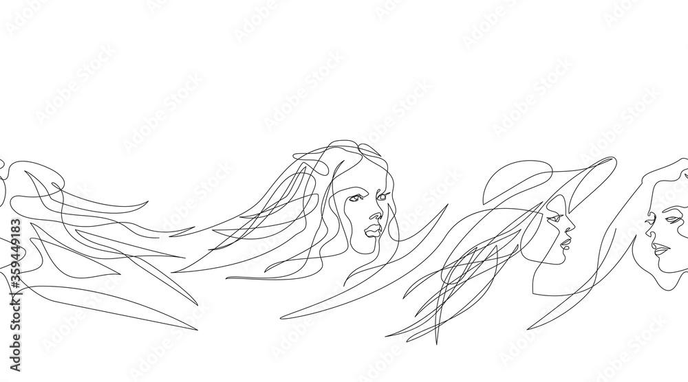 Pattern with female faces. Female face drawn in one line. Pattern with female faces. Female face drawn in one line.
