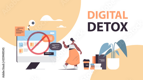 woman making stop gesture with palm digital detox concept girl abandoning internet and social networks horizontal full length vector illustration