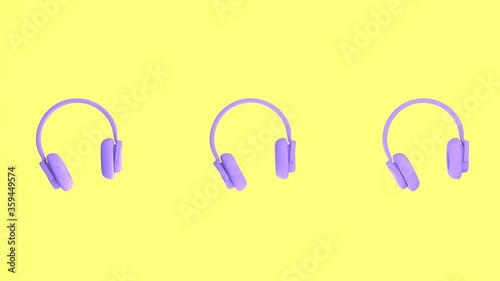 3d rendering purple headphones move, dance to the music on a yellow background. Fast motion animation for advertising, digital marketing, social networking. Unusual funny design, cartoon style joke.
