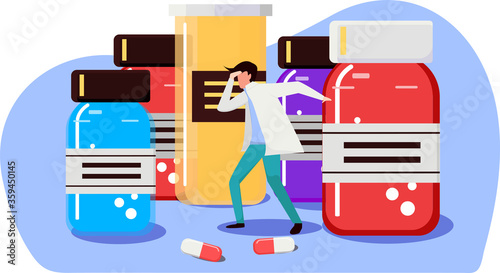 Coronavirus vaccine research, drugs to cure covid-19 disease, large medicine bottles. vector flat illustration design concept