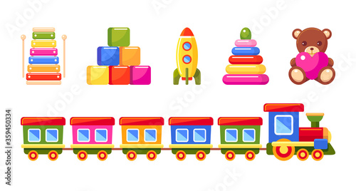 Kid's toys set. Train, pyramid, rocket, xylophone, toy blocks and bear. Collection for small children