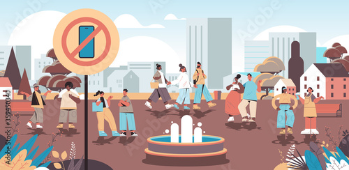 mix race people walking urban park no cellphone zone digital detox concept smartphone in prohibition sign abandoning internet social networks cityscape background horizontal vector illustration