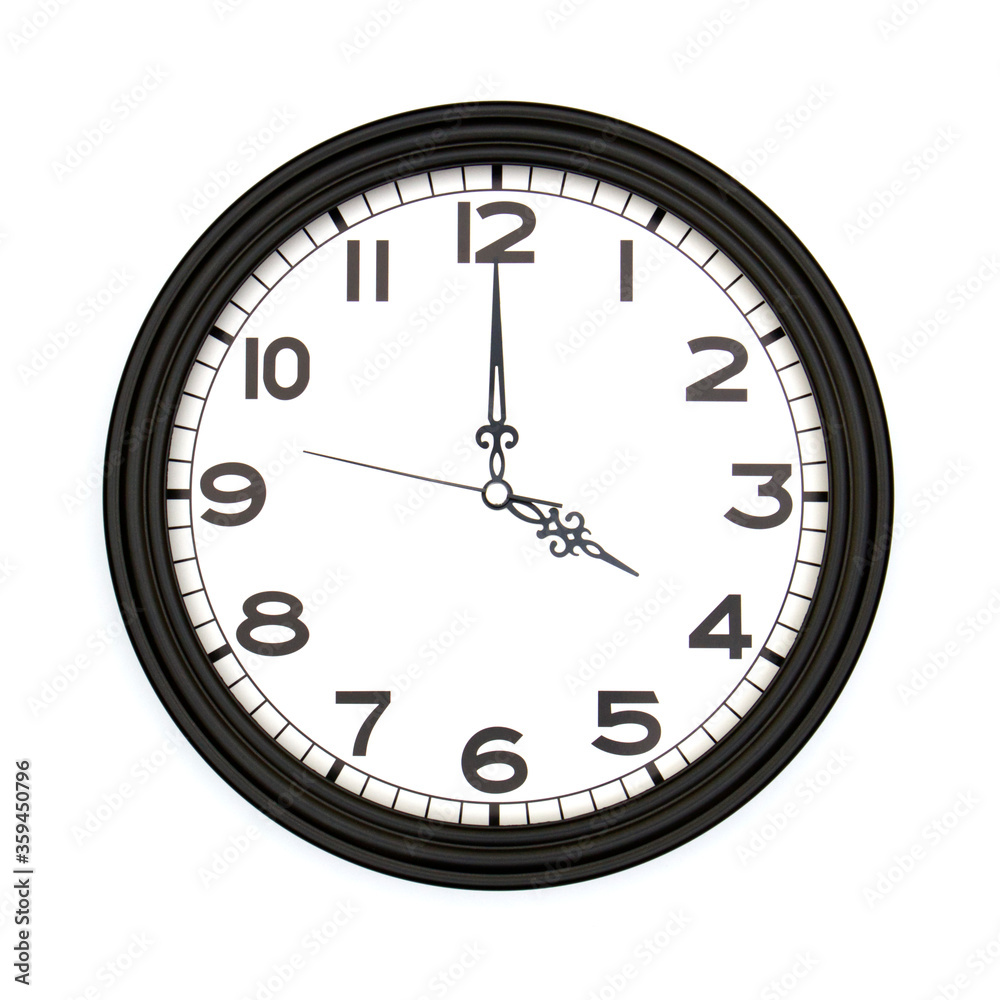 Black round analog wall clock isolated on white background, its four oclock. Black round analog wall clock isolated on white background, its four oclock.