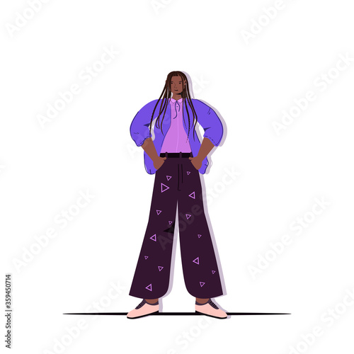 model fashion woman posing in casual trendy clothes african american female cartoon character standing pose full length isolated vector illustration