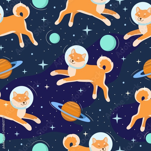 Cute shiba inu dog astronaut in open space. Seamless pattern. Colorful cosmic background with animals, planets, stars. Vector illustration for textile, wallpaper, wrapping, nursery.