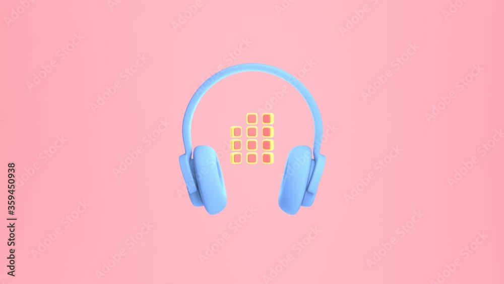 3d rendering of a blue headphone moving, dancing to music on pink background in rhythm equalizer volume. Fast motion animation for digital marketing. Unusual funny design, cartoon style joke. 3d rendering of a blue headphone moving, dancing to music on pink background in rhythm equalizer volume. Fast motion animation for digital marketing. Unusual funny design, cartoon style joke.