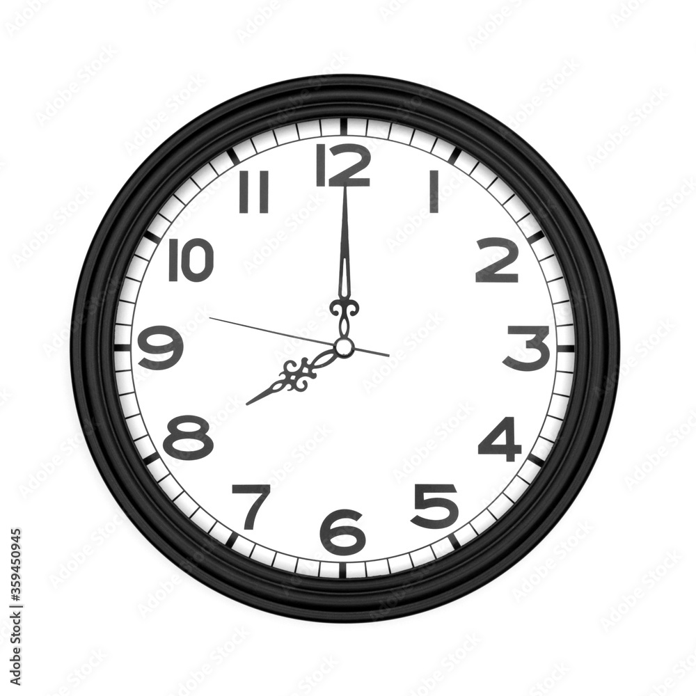 Black round analog wall clock isolated on white background, its eight oclock. Black round analog wall clock isolated on white background, its eight oclock.