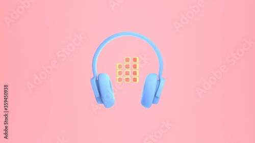 3d rendering of a blue headphone moving, dancing to music on pink background in rhythm equalizer volume. Fast motion animation for digital marketing. Unusual funny design, cartoon style joke.