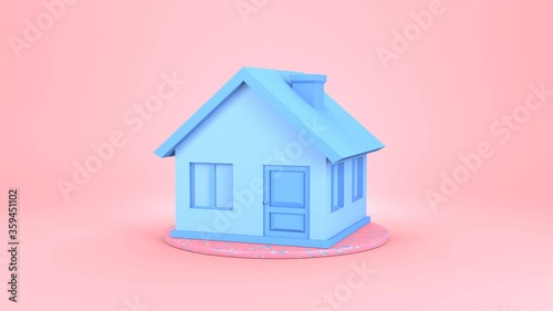 3d rendering of a blue house rotates on pink platform. Smooth motion animation for advertising real estate agency, mortgage, home sales, digital marketing, social network. Unusual cartoon style joke.