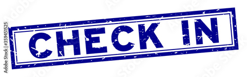 Grunge blue check in word square rubber seal stamp on white background
