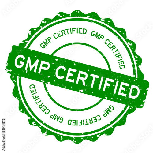 Grunge green GMP (Abbreviation of Good Manufacturing Practice) certified word round rubber seal stamp on white background