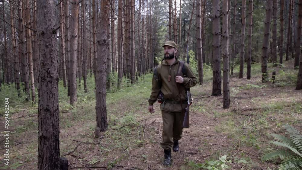 Hunting hunter men with gun walking through forest during hunting season. Man hunter outdoor in forest hunting alone. He has backpack and comfortable camouflage clothes. Hunting hunter men with gun walking through forest during hunting season. Man hunter outdoor in forest hunting alone. He has backpack and comfortable camouflage clothes.