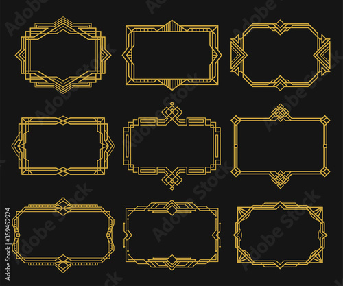 Art deco frames gold set. Decorative ornamental borders. Geometric luxury empty horizontal templates.