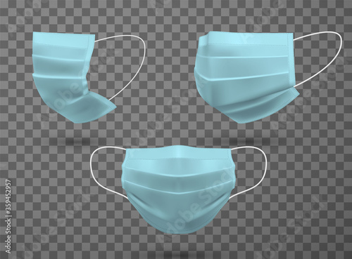 Earloop face masks realistic blue mockups set. Breathable facemask. Side, front view.