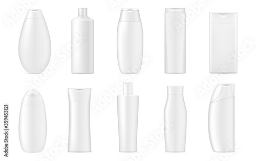 Shampoo, conditioner bottles, flasks white realistic set. Hair care products packaging.