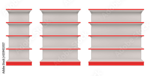 Store shelves with red front edge realistic mock ups set. Retail shelving to display range of products.