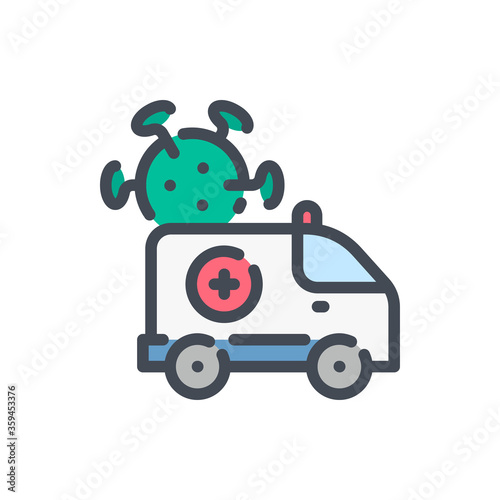 Ambulance with Infected Viruses color line icon. Ambulance with Virus vector outline colorful sign.