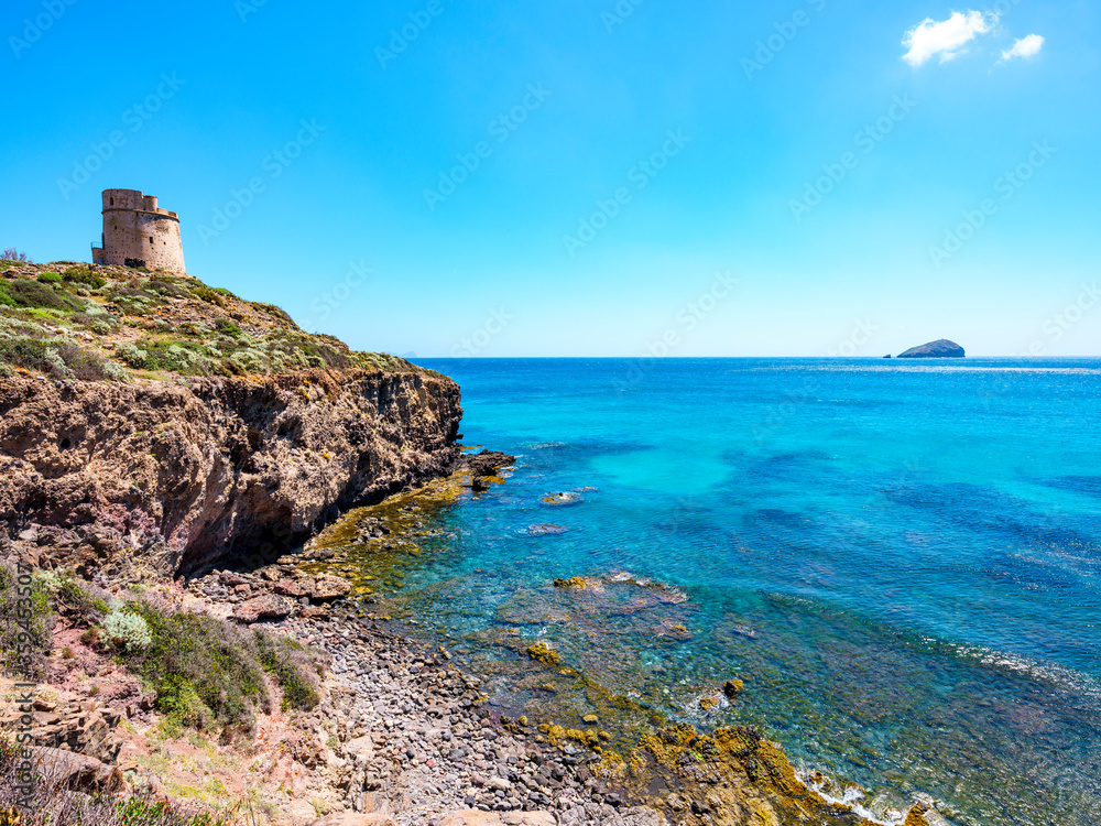 Cliff with Torre Cannai in the Sant'Antioco peninsula in Sardinia