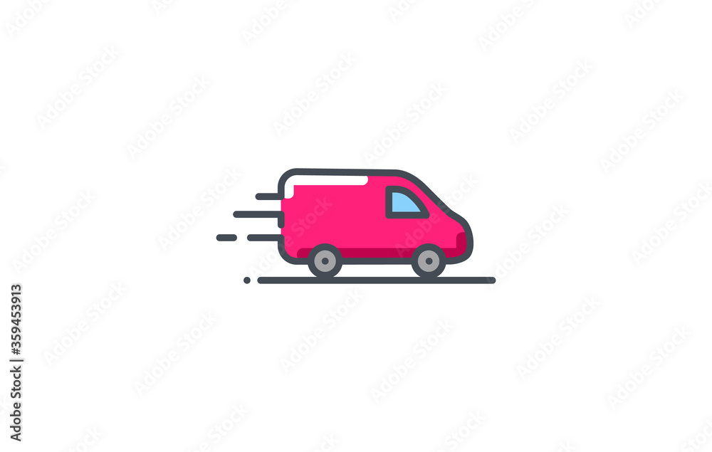 Van vector icon. Delivery service logo isolated on white. Moving car line outline colored filled thin sign flat design.