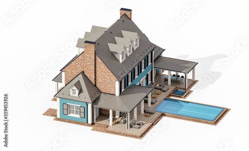 3d rendering of modern cozy classic house in colonial style with garage and pool for sale or rent. Isolated on white.