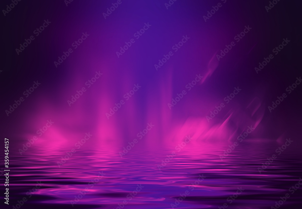Light neon effect, energy waves on a dark abstract background. Laser colorful neon show. Reflection of light in the water. Smoke, fog. 3d illustration Light neon effect, energy waves on a dark abstract background. Laser colorful neon show. Reflection of light in the water. Smoke, fog. 3d illustration
