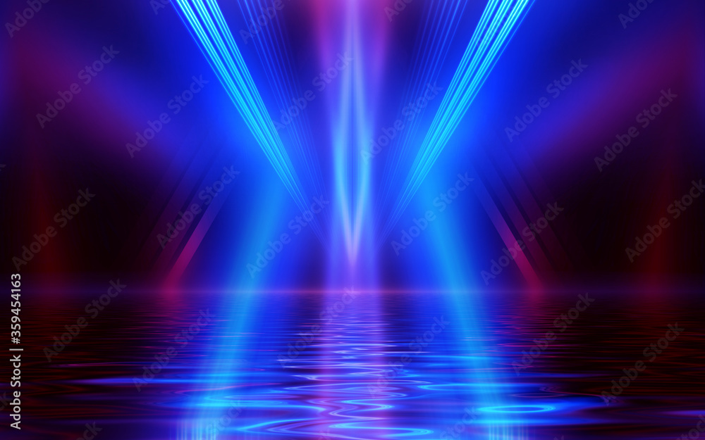 Light neon effect, energy waves on a dark abstract background. Laser colorful neon show. Reflection of light in the water. Smoke, fog. 3d illustration Light neon effect, energy waves on a dark abstract background. Laser colorful neon show. Reflection of light in the water. Smoke, fog. 3d illustration