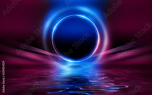 Light neon effect, energy waves on a dark abstract background. Neon circle shape in the center of the stage. Laser colorful neon show. Reflection of light in the water. Smoke, fog. 3d illustration