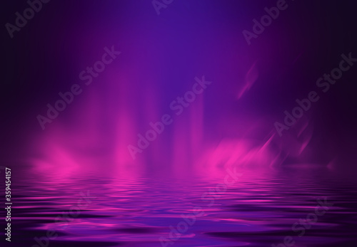 Light neon effect  energy waves on a dark abstract background. Laser colorful neon show. Reflection of light in the water. Smoke  fog. 3d illustration