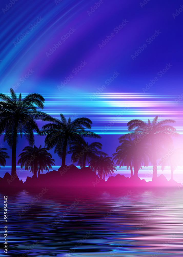 Silhouettes of tropical palm trees on a background of abstract b