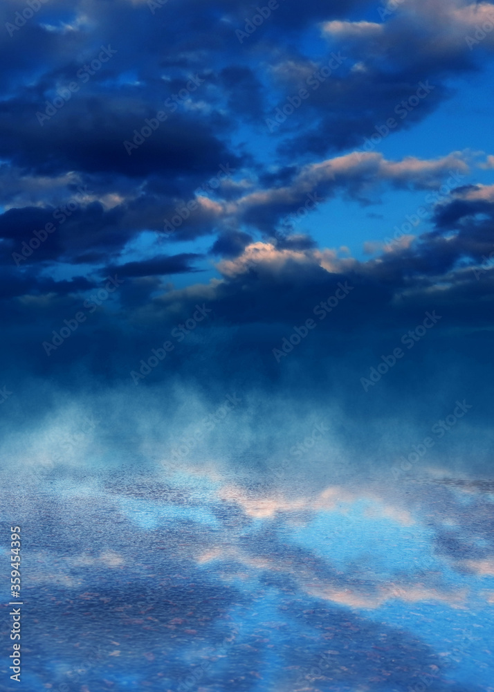 Bright blue sky at sunset. Reflection of the sky with clouds on wet asphalt. Empty Stage Background