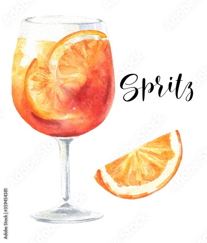 Watercolor spritz italian cocktail isolated on white background. Hand drawn drink illustration. photo