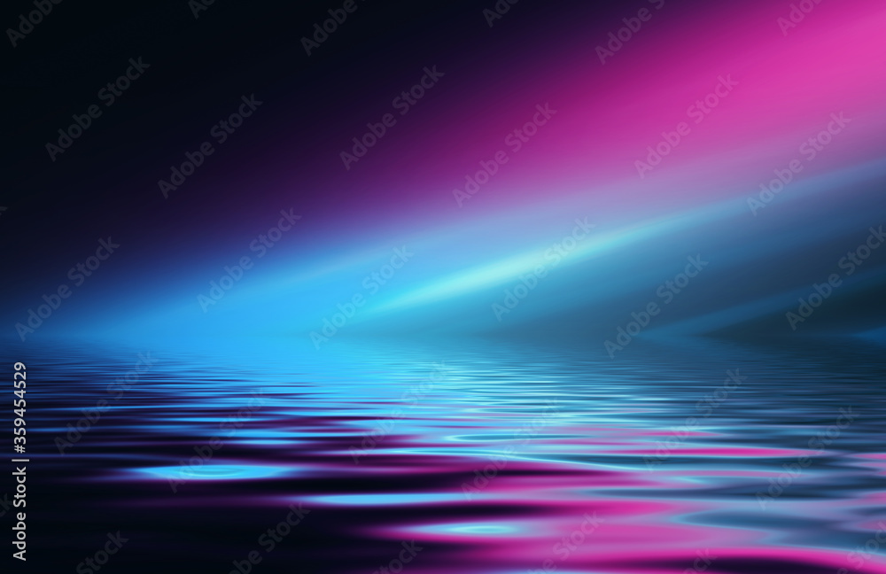 Light neon effect, energy waves on a dark abstract background. Laser colorful neon show. Reflection of light in the water. Smoke, fog. 3d illustration