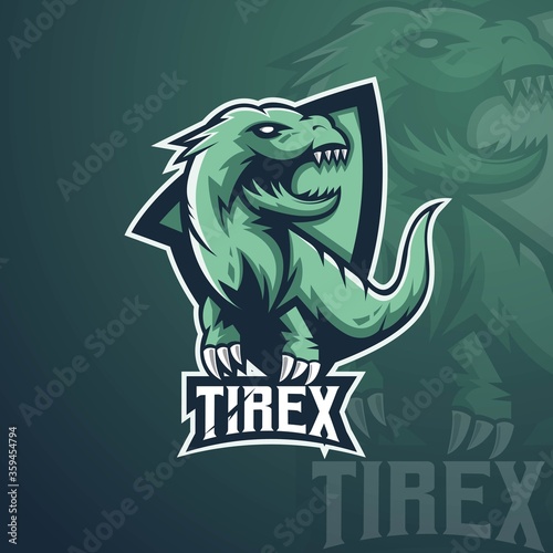 Tirex. Dinosaur sport mascot logo design illustration. T-Rex mascot sports logo  concept style for badge  emblem and t shirt printing. Angry T-Rex illustration for sport and e-sport team