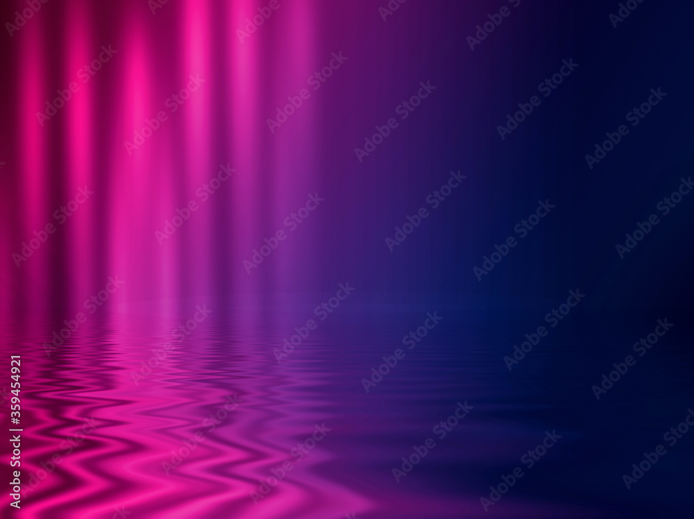 Light neon effect, energy waves on a dark abstract background. Laser colorful neon show. Reflection of light in the water. Smoke, fog. 3d illustration