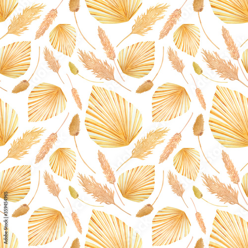 Watercolor seamless pattern with palm leaves and dried flowers on a white background. Delicate tropical print in boho style suitable for wallpaper, wrapping paper, posters, fabrics. 