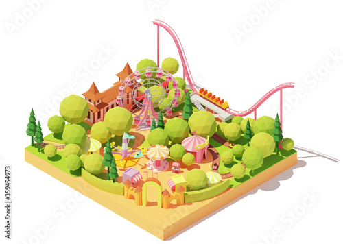 Vector isometric amusement park map. Theme park with Ferris wheel, roller coaster, carousels, bumper cars, circus and other amusement rides. Funfair illustration