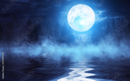 Dark dramatic night landscape. Forest  tree silhouettes are reflected in the water. Smoke  fog. Moonlight. 3d illustration