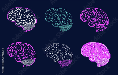 Brain front, top, side, view. Digital human brain with computer circuit board.
