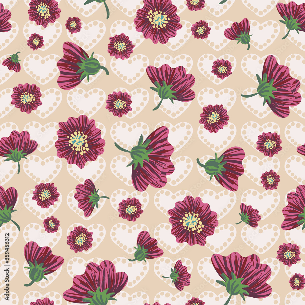 Pink flower heads and hearts seamless vector pattern. Romantic surface print design for valentine packaging, anniversary cards, wedding invitations, stationery, girly fabrics, and textiles. Pink flower heads and hearts seamless vector pattern. Romantic surface print design for valentine packaging, anniversary cards, wedding invitations, stationery, girly fabrics, and textiles.