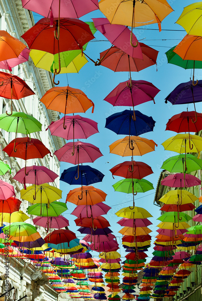 image of artistic installation of umbrellas in Timisoara 