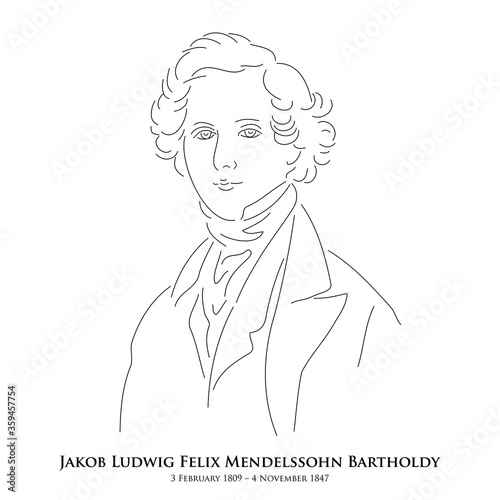 Jakob Ludwig Felix Mendelssohn Bartholdy (3 February 1809 – 4 November 1847) A master of historical music. Line drawing portrait illustration.