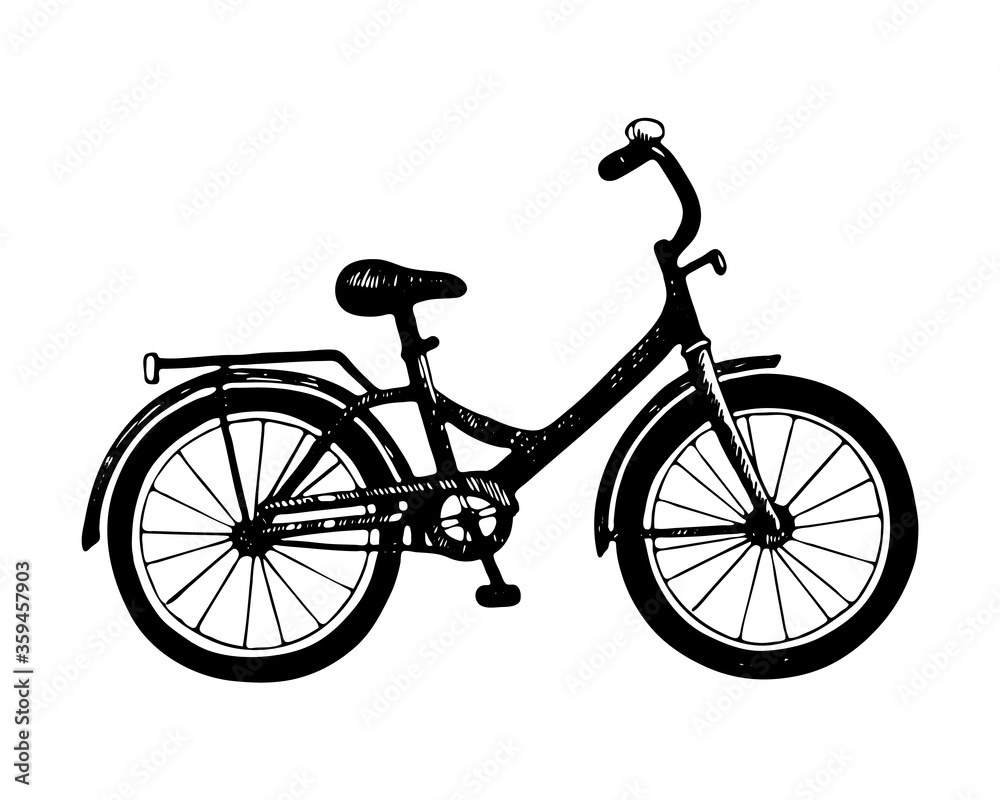 Bicycle drawn in the style of doodles. Sports transport. Vector illustration isolated on a white background.