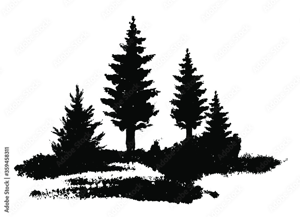 Fototapeta premium Vector composition Forest silhouette landscape. Black and white isolated elements Element for design.