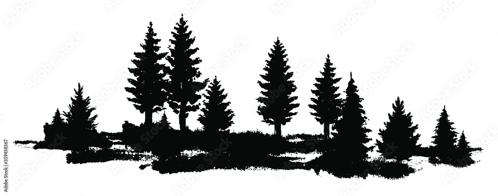 Vector composition Forest silhouette landscape. Black and white isolated elements Element for design. - obrazy, fototapety, plakaty 