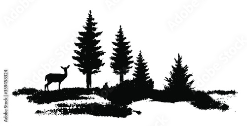 Vector composition Forest silhouette landscape. Black and white isolated elements Element for design. Young deer at the edge